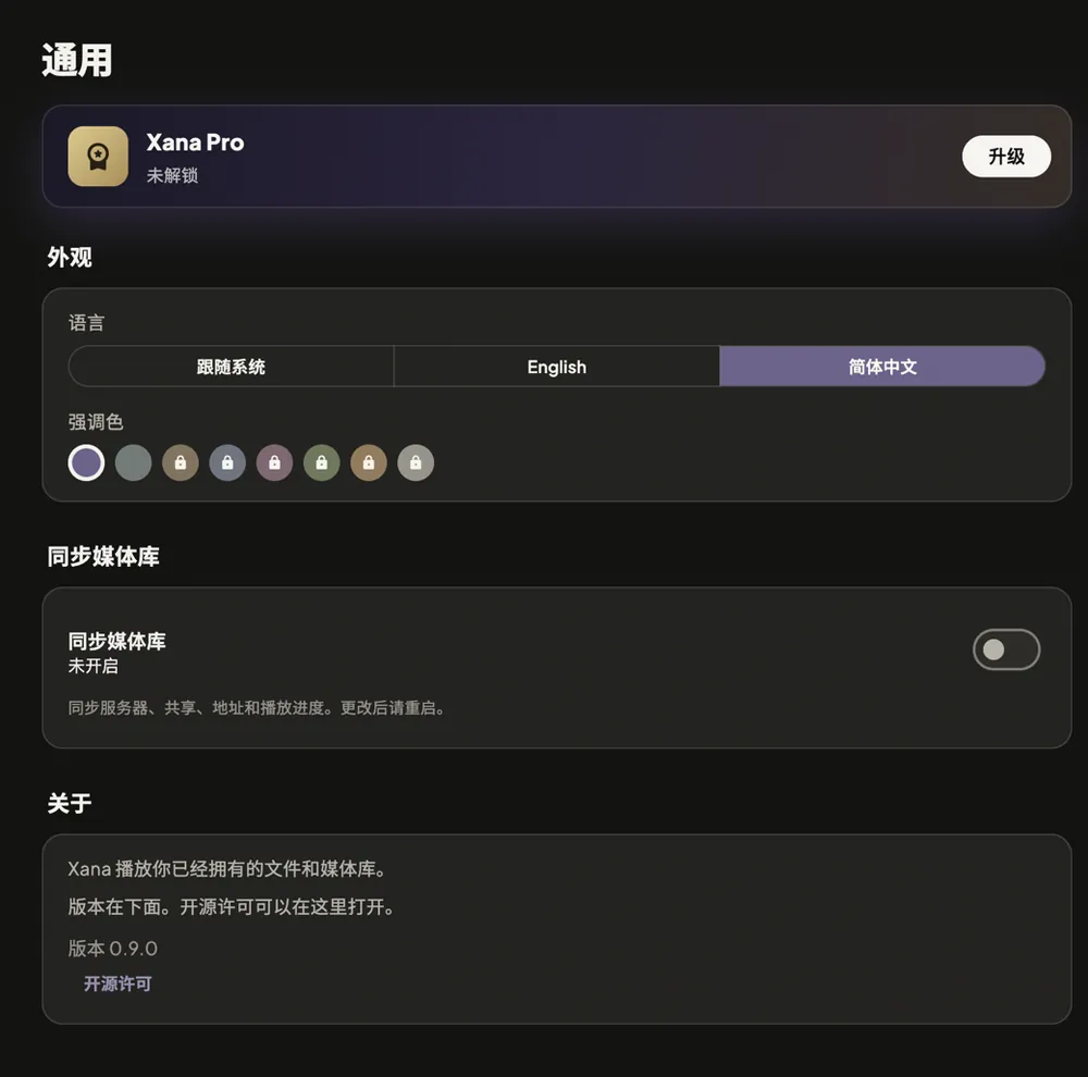 设置页：Xana Pro、语言、主题色、关于